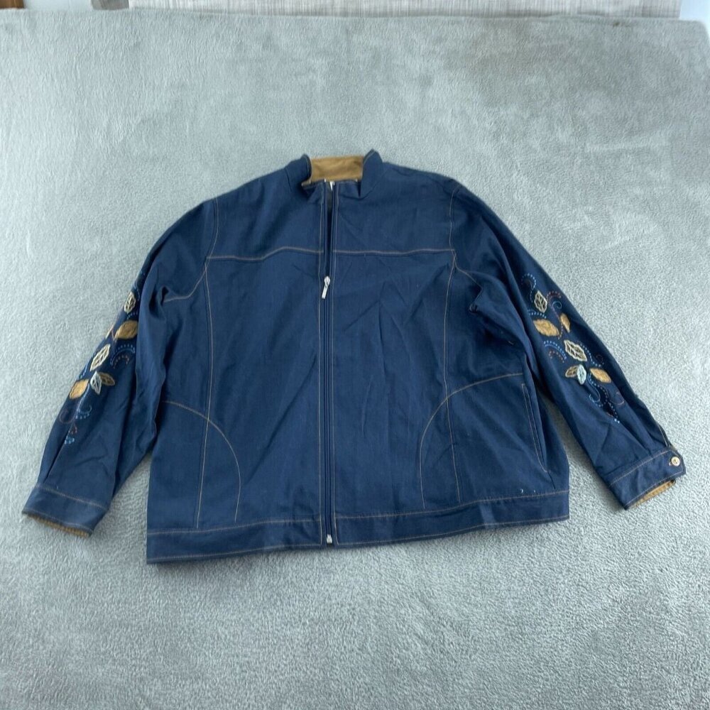 Vintage E.L.C.C Embroidered Denim Jacket 2X Full Zip Cotton Blend Floral  2258
